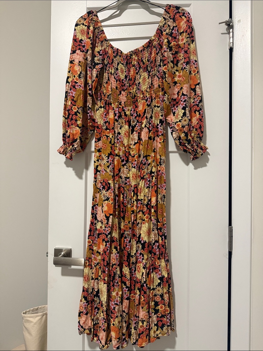 Rip Curl Black Floral Maxi Dress with Orange and Pink Accents